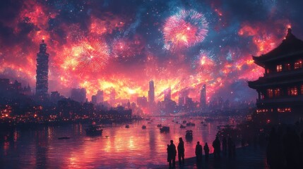 Vibrant city skyline illuminated by fireworks over a tranquil river.