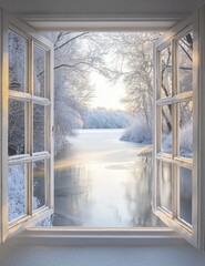 An open window overlooking the frozen river, a winter landscape 