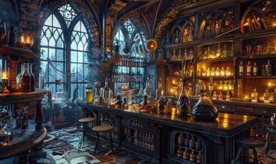 Alchemist's haven filled with arcane brews, 4K hyperrealistic photo
