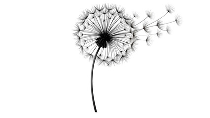 A lone dandelion stands in front of a transparent background and a few of its seeds float gently away. The minimalist design emphasizes simplicity and tranquility,with copy space. AI generated.