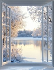 An open window overlooking the frozen river, a winter landscape 