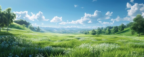 Fototapeta premium Lush green meadow under a clear blue sky, 4K hyperrealistic photo
