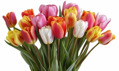 Obraz premium Bouquet of colorful tulips, white background, 4K hyperrealistic photo