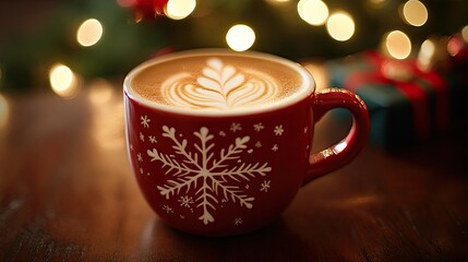 Obraz premium Latte art of a snowflake in a red coffee cup, with Christmas lights softly glowing in the background and a cozy holiday setting
