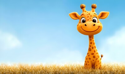 Cheerful Cartoon Animal in Meadow, A whimsical creature stands joyfully in a vibrant green field, surrounded by colorful flowers under a bright sky.