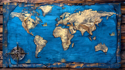 Naklejka premium Old blue medieval nautical world map.