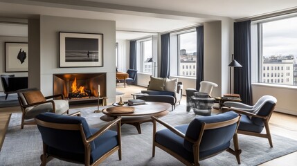 Modern Cozy Living Room with Fireplace and City View