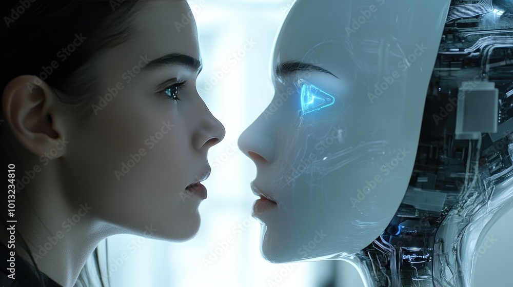 Poster human and robot interaction in futuristic setting