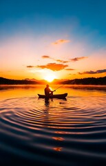 Solitary Fisherman at Dusk, a lone figure casts a line into tranquil waters, surrounded by the serene beauty of dusk's gentle glow.