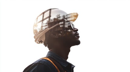 Double exposure of an engineer wearing a helmet and a construction site, isolated on a white background with a double shadow effect.