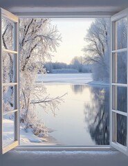 An open window overlooking the frozen river, a winter landscape 