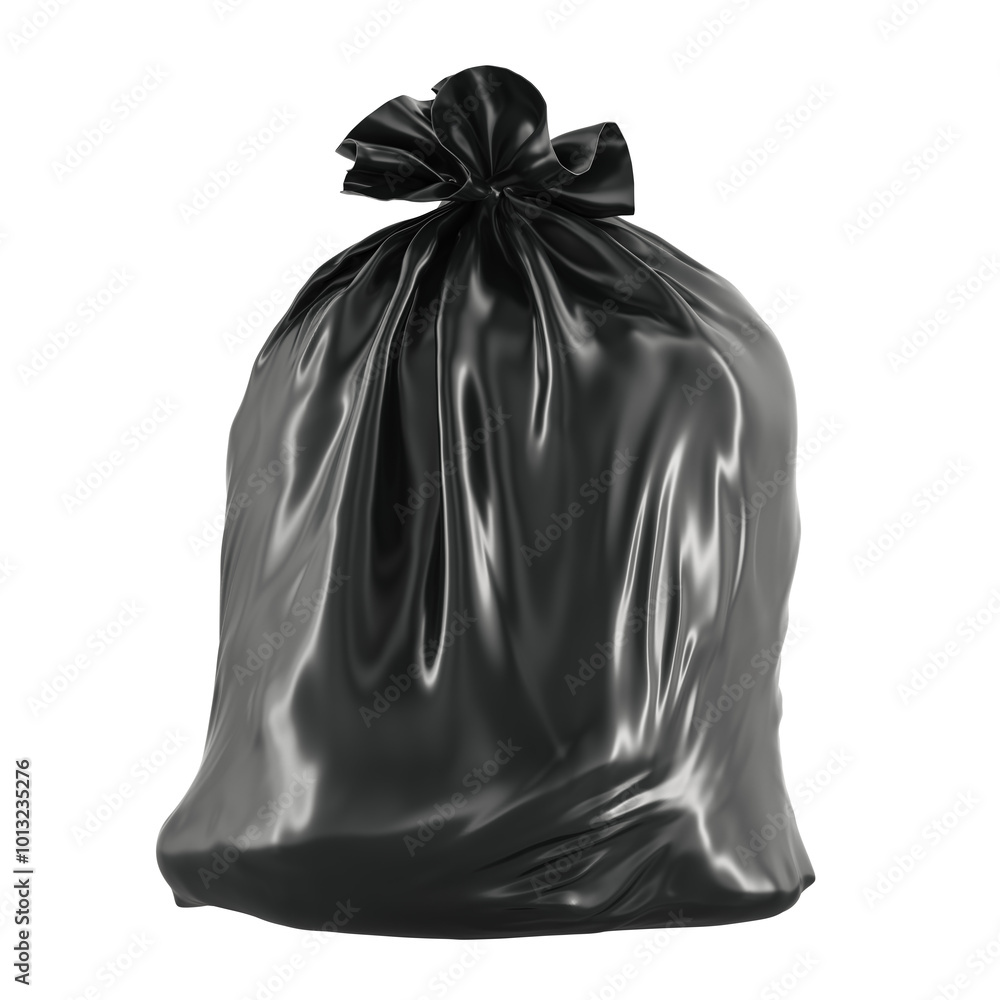 Poster full garbage bag, black bin bag tied. 3d rendering isolated on transparent background