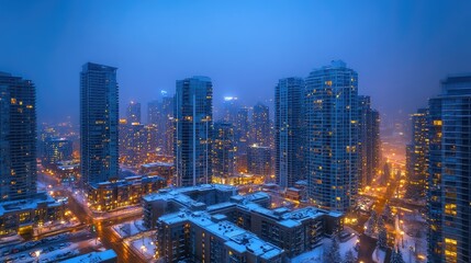 Snowy Urban Skyline at Night in Blue Light