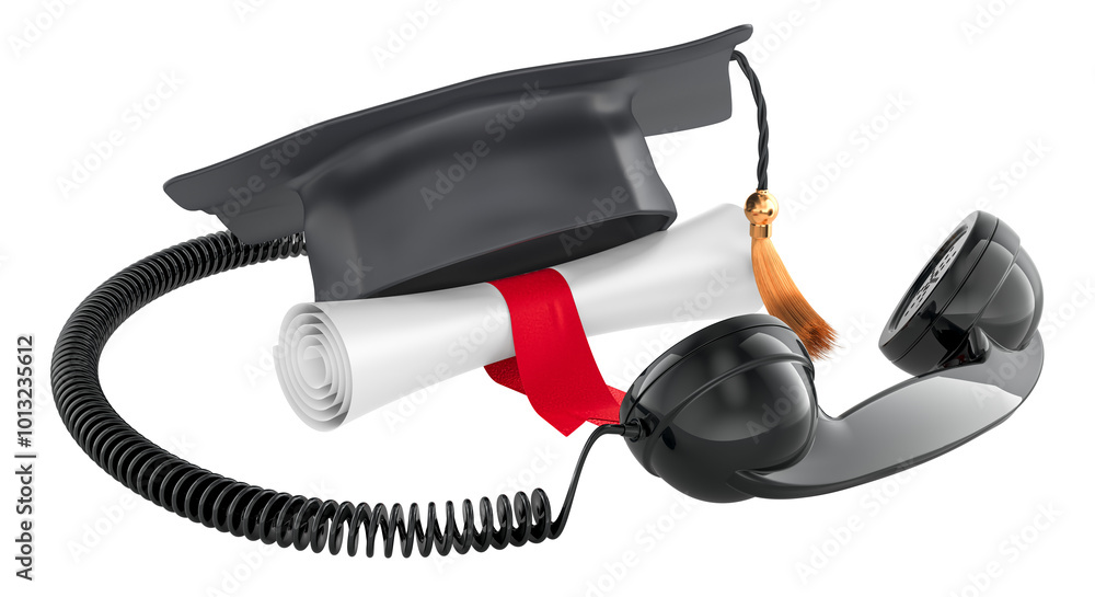 Poster phone handset and diploma scroll with square academic cap, 3d rendering isolated on transparent back