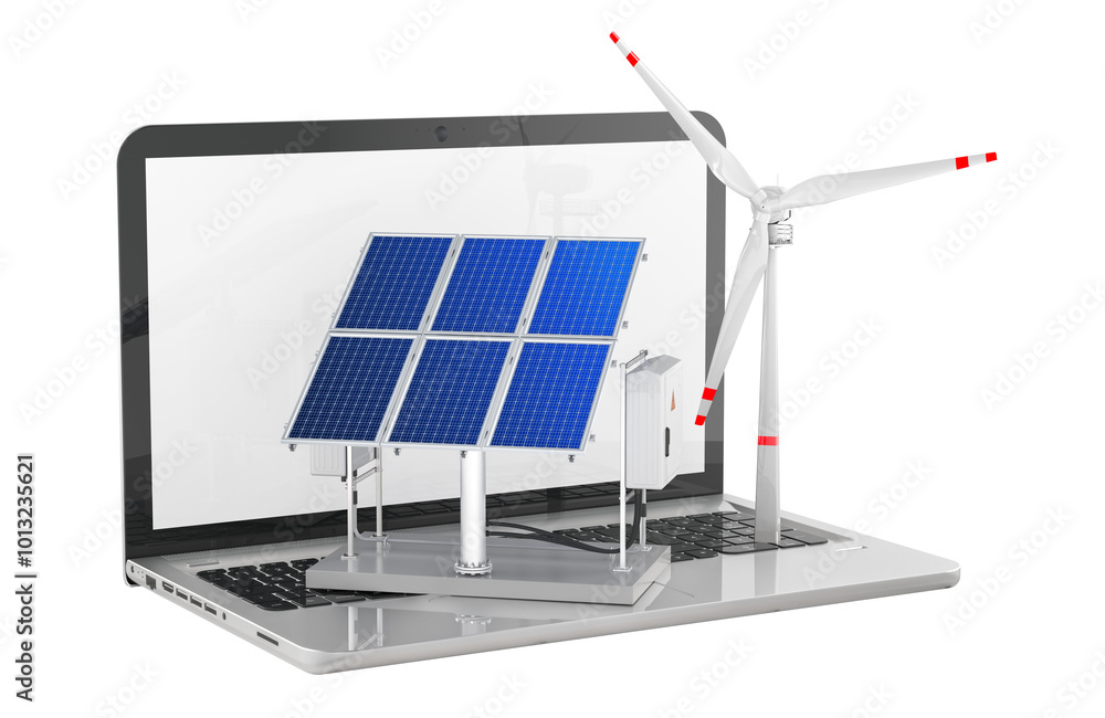 Poster monitoring and control of solar panels and wind turbines. laptop with solar panels and wind turbines