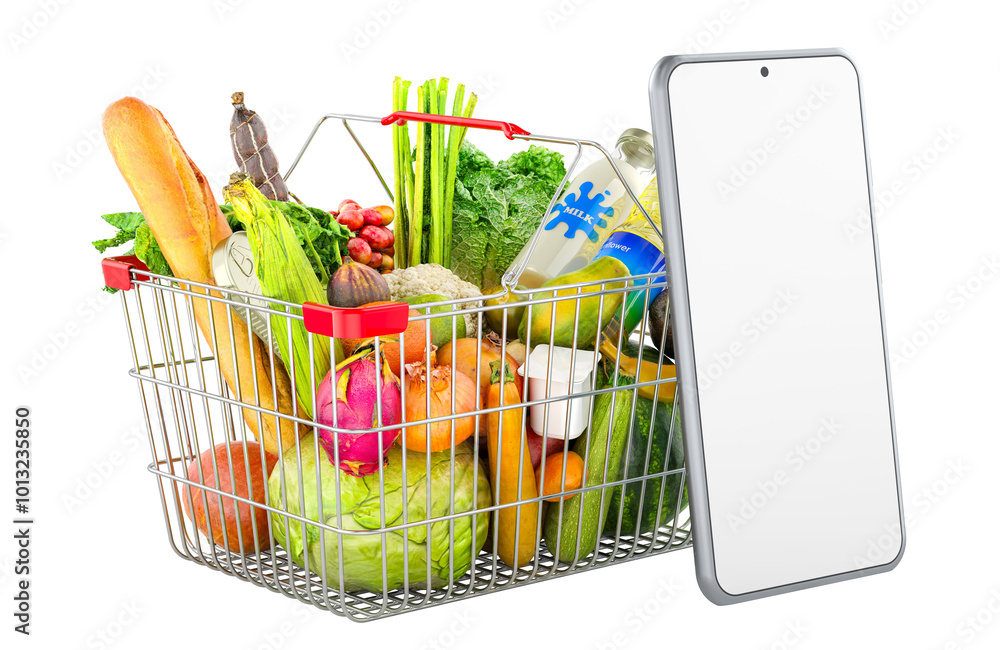 Poster shopping basket full of products with smartphone with transparent screen. online food ordering conce