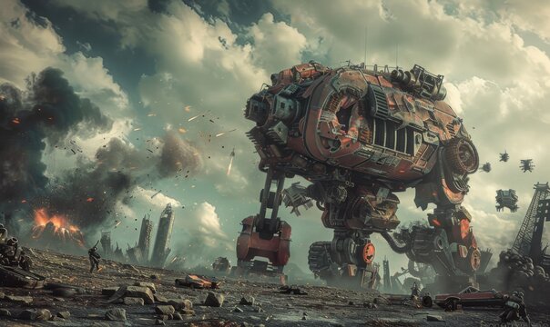 Post-apocalyptic wasteland with massive robots clashing, scattered remnants of human civilization, and a sky filled with dark clouds and distant explosions, 4K hyperrealistic photo