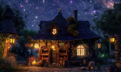 Enchanted potion shop beneath a twinkling night sky, 4K hyperrealistic photo