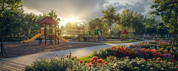 Obraz premium Park with a children's play area and flowerbeds, 4K hyperrealistic photo,