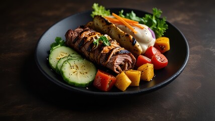 Middle Eastern food in the form of shawarma served on a beautiful black plate