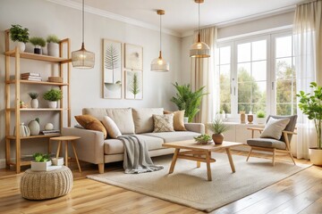 Fototapeta premium Scandinavian Aesthetic Room: A clean, modern room with light wood accents, neutral tones, and cozy textiles, following the principles of Scandinavian design.
