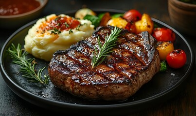 Juicy, perfectly grilled steak garnished with rosemary, served with roasted vegetables and mashed potatoes, served on a dark wooden table in fine dining style