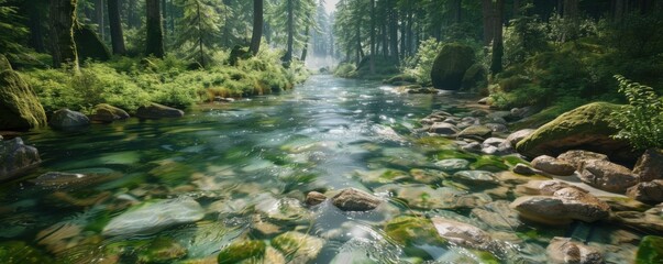 Crystal clear river flowing through a dense forest, 4K hyperrealistic photo,