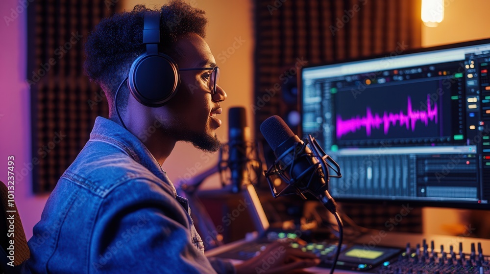 Aufkleber the podcaster engages listeners while monitoring audio levels and discussing topics in a well-equipp
