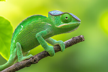 Obraz premium A green chameleon on a branch in the garden of Sri Lanka.