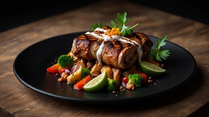 Middle Eastern food in the form of shawarma served on a beautiful black plate