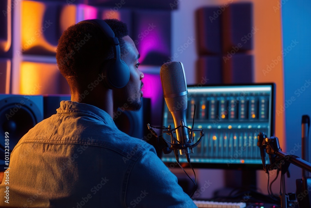 Poster a podcaster is actively speaking into a microphone in a stylish studio equipped with modern audio eq