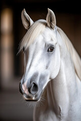 Horse in standing pose against barn interior background