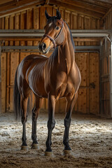 Horse in standing pose against barn interior background