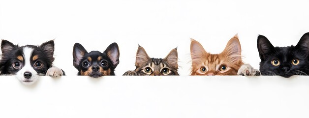 Cats and Dogs Peeking from Behind a White Background