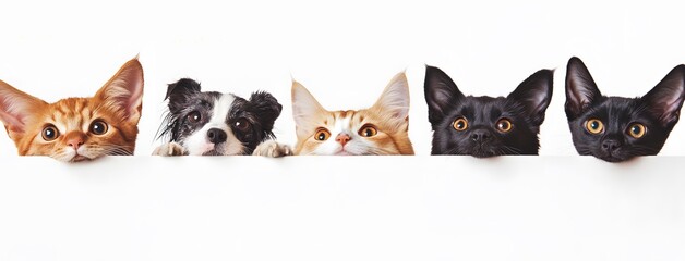 Obraz premium Cats and Dogs Peeking from Behind a White Background