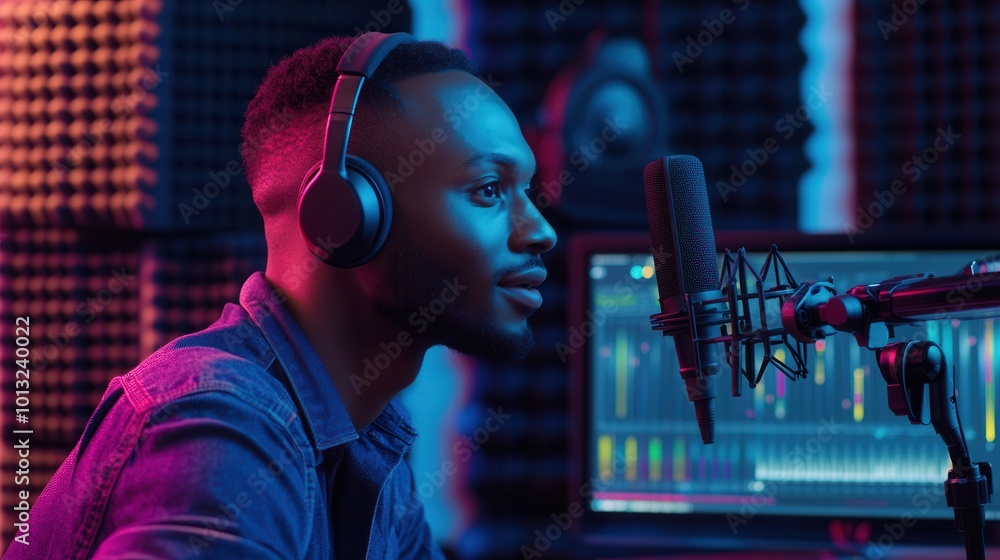 Poster A podcaster speaks into a microphone while wearing headphones in a vibrant recording studio, immersed in conversation. Generative AI