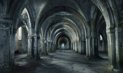Fototapeta premium Cryptic labyrinth of archways in an abandoned abbey, 4K hyperrealistic photo