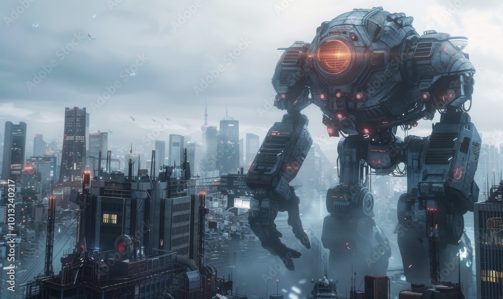 Poster Giant robot defending a futuristic cityscape, 4K hyperrealistic photo.