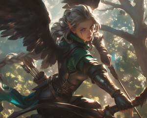 female aasimar archer poised in a serene forest, sunlight filtering through leaves