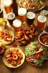 A wooden table with various types of fast food and beer mugs, including chicken wings, shrimp, soft drinks, tacos, and a mixed salad, shot from above.