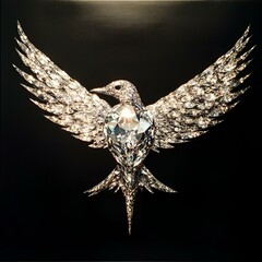 Fototapeta premium Diamond bird with heart-shaped crystal body on black background.