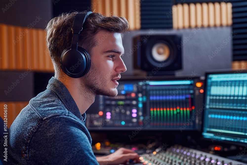 Fototapete the podcaster focuses on delivering engaging content while adjusting the controls in a contemporary 