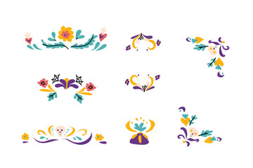 Mexican flowers floral elements for invitation card, posters and banners. Hand drawn ornate elements with flowers, leaves and skull.