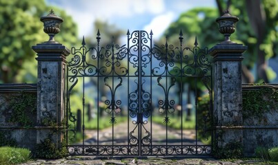 Ornate cemetery gates with intricate ironwork, 4K hyperrealistic photo