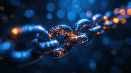 Close-up of a metallic chain with luminous links against a vibrant, blurred blue background, symbolizing strength and connection.