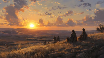 Fototapeta premium Dramatic sunset over a desert landscape with silhouetted figures