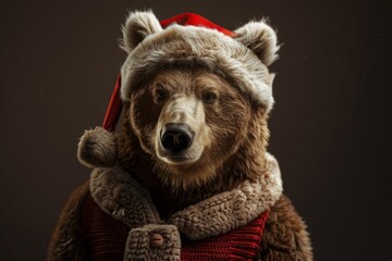Fototapeta premium Bear wearing Santa hat and cozy winter coat. Christmas holiday concept. Design for greeting card, poster, holiday banner. Studio photography. Generative AI
