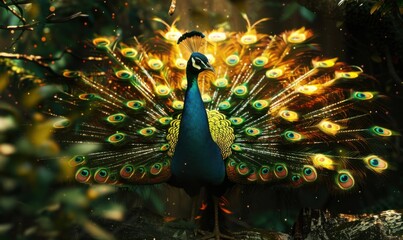 Elegant peacock displaying its vibrant feathers, 4K hyperrealistic photo.