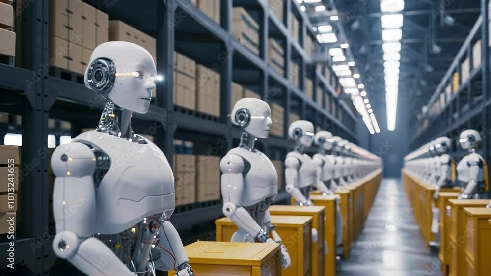 Poster robots in a modern warehouse work with ai technology, showcasing innovation and automation. the imag