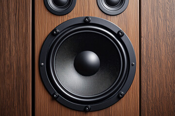 Multimedia speaker system with different speakers closeup over wooden background.